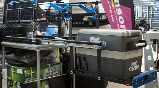 In-store display of the MSA 4x4 Fridge Drop Slide in the fully opened and dropped position ready for use