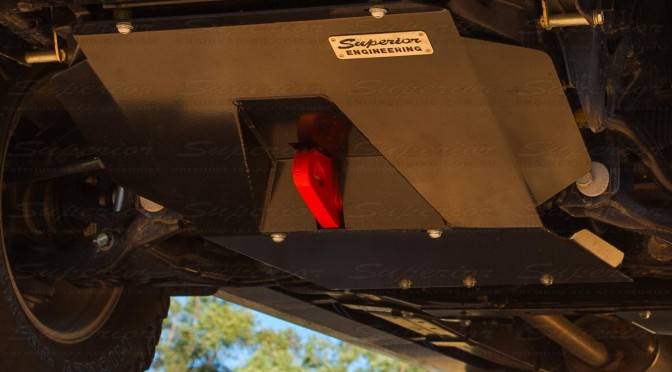 The Superior Engineering Bash Plate and Recovery Point fully mounted to the underside of the Ford Ranger