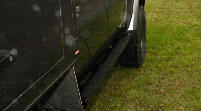 Rear closeup view of the new Superior Stealth Rock Sliders on a 79 Series Toyota Landcruiser