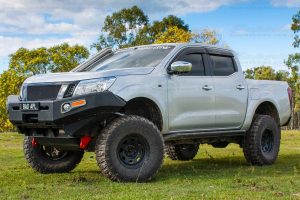 A pair of Superior heavy duty rated towing points fitted to the front end of a NP300 Nissan Navara at the main Superior Engineering Burpengary warehouse
