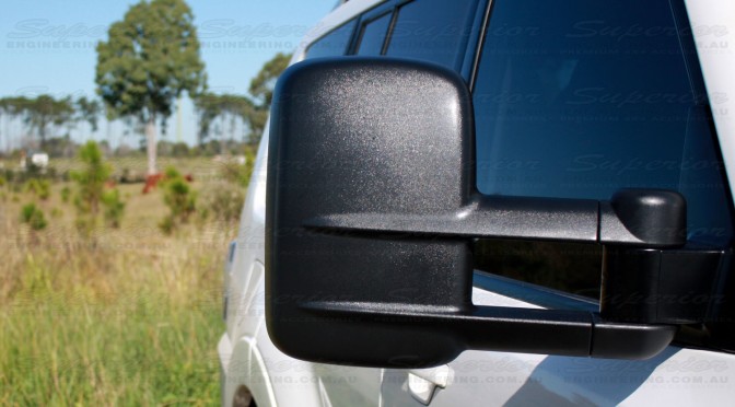 Front view of the right hand side black Mitsubishi Pajero Clearview Towing Mirror