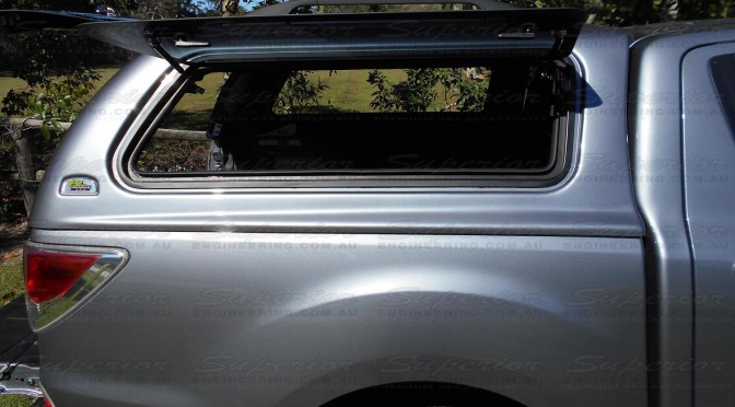 Right side view of the canopy window fully open while fitted to the Mazda BT-50 Dual Cab Ute