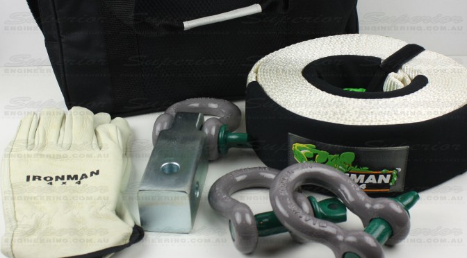 The complete Ironman 4x4 small recovery kit featuring a snatch strap, shackles, hitch and leather gloves