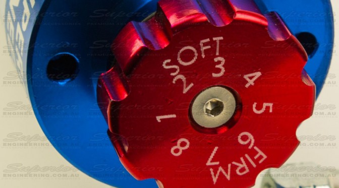 Closeup of the adjustable red alloy dial for complete control and shock adjustment