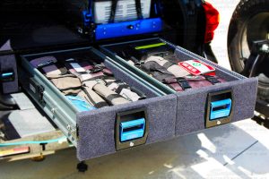 Closeup view of the Heavy Duty dual drawers fully stacked with equipment designed to suit the Toyota Landcruiser 200 Series