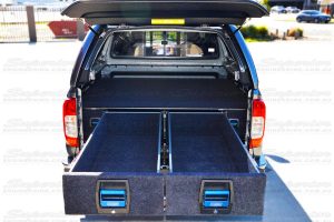Rear end view of the MSA 4x4 dual drawers fully extended displaying the pro-glide system and safe and secure locking system suits Triton, BT50, Ranger and Navara