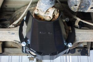 Under vehicle closeup view of a Superior Stealth Pinion Guard bolted to the PX Ford Rangers diff