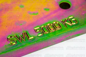 Closeup view of the 5000 kg safe working load text engraved onto the side of the Patrol rated towing point